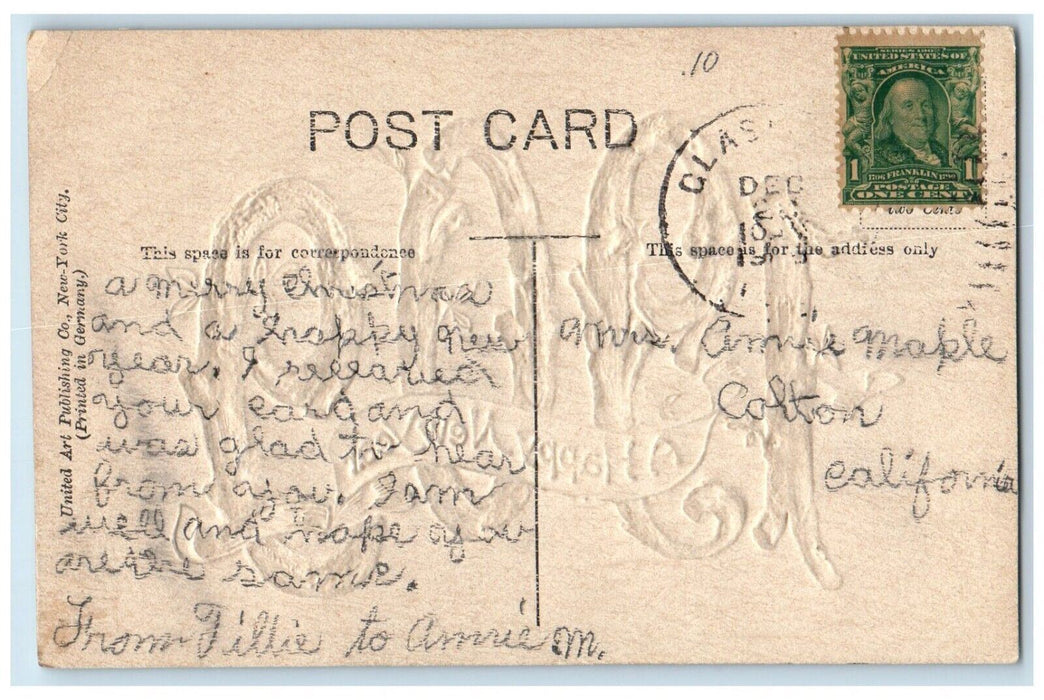 1909 A Happy New Year Large Numbers Embossed Posted Antique Postcard