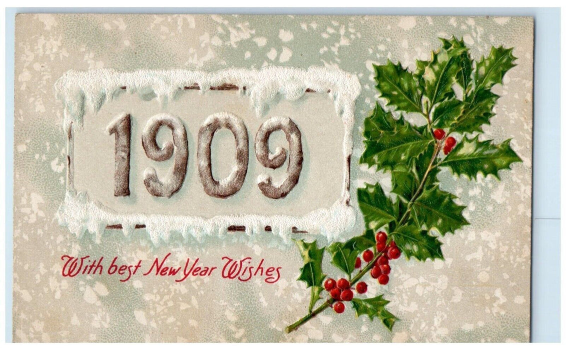 1909 New Year Number Holly Winter Snow Winsch Back Embossed Antique Postcard