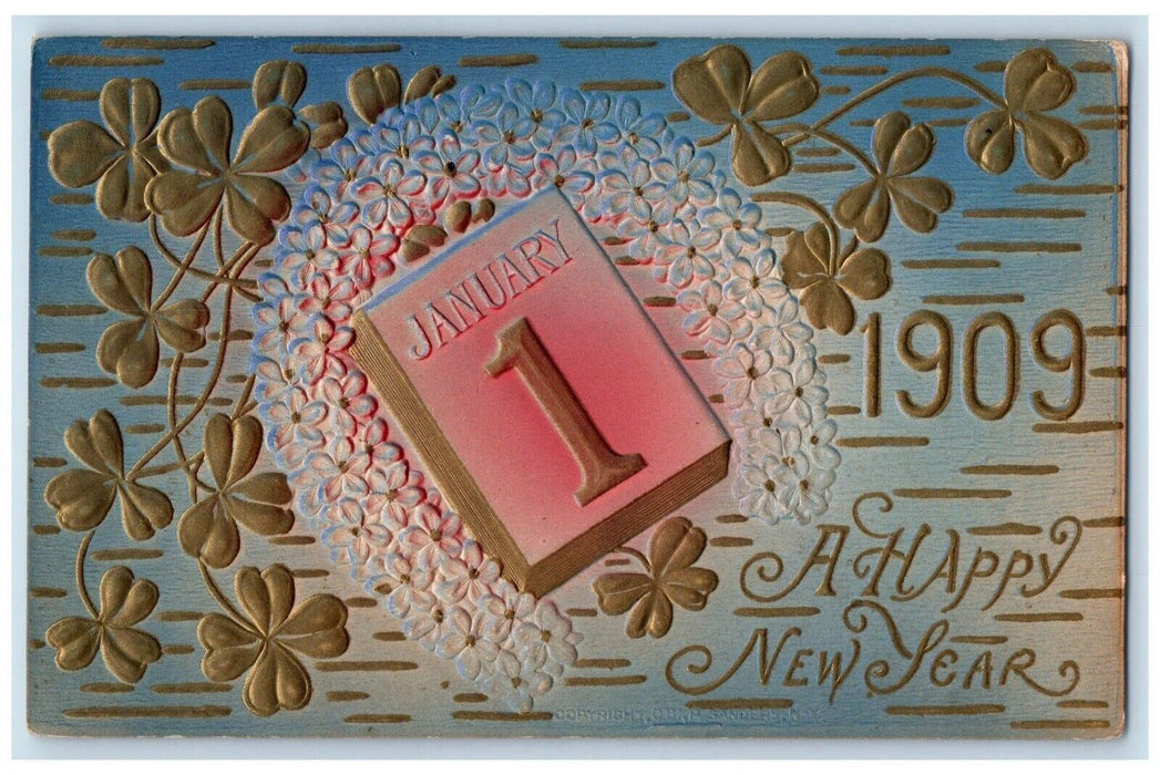 1909 New Year January 1 Book Shamrock Pansies Flowers Embossed Antique Postcard