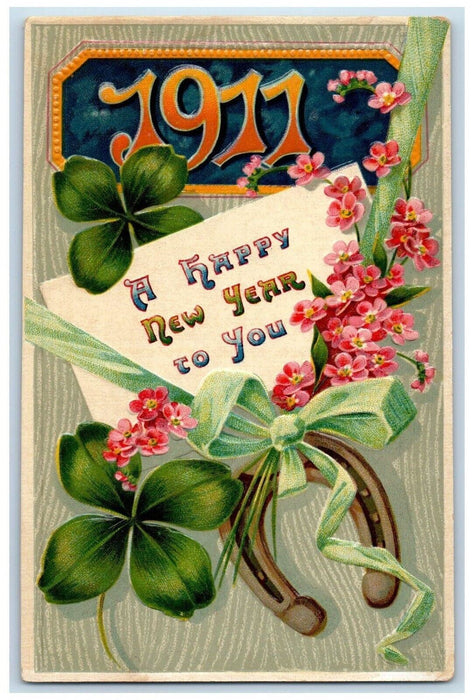 1911 New Year Horseshoe Shamrock Pink Pansies Flowers Embossed Antique Postcard