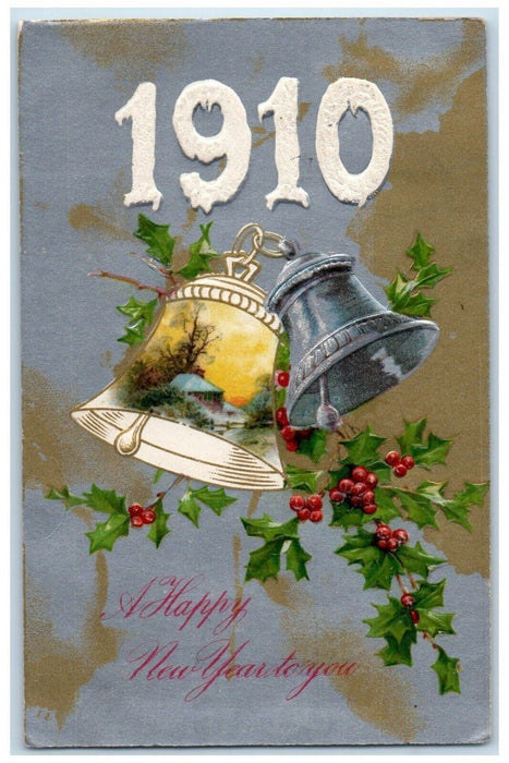 1910 New Year Holly Bells Winsch Back Embossed Middleville MI Antique Postcard