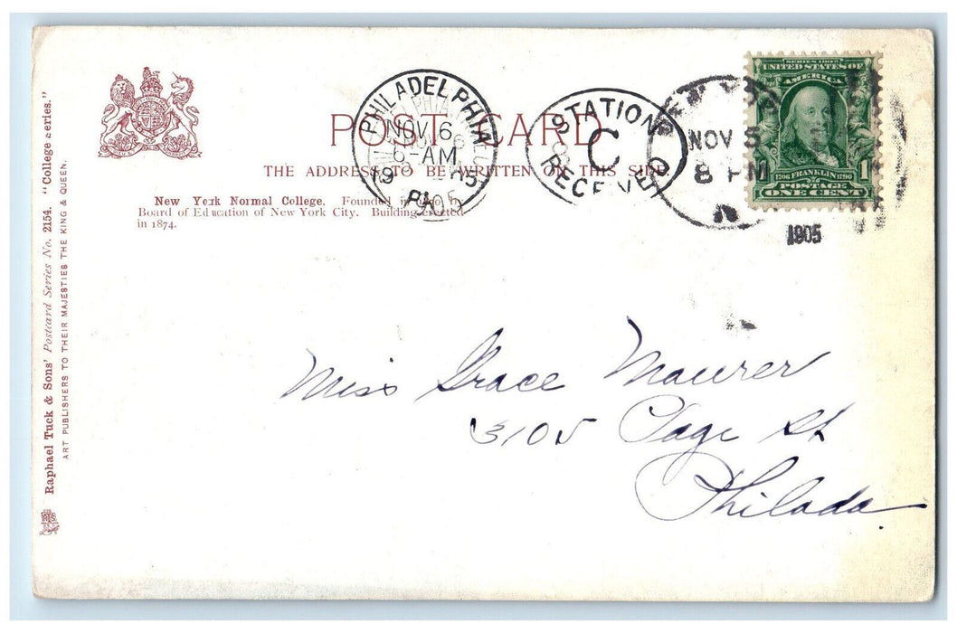 1905 College Series Normal College New York NY Tuck Art Antique Postcard