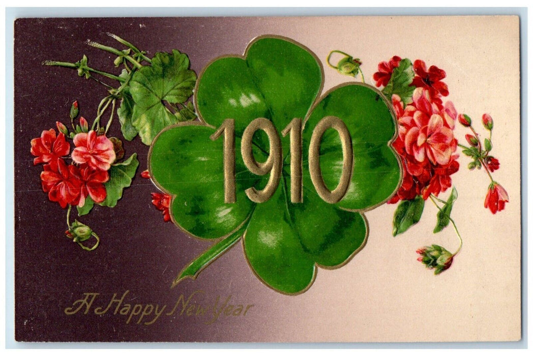 1910 New Year Giant Shamrock Pansies Flowers Embossed Winsch Back Postcard