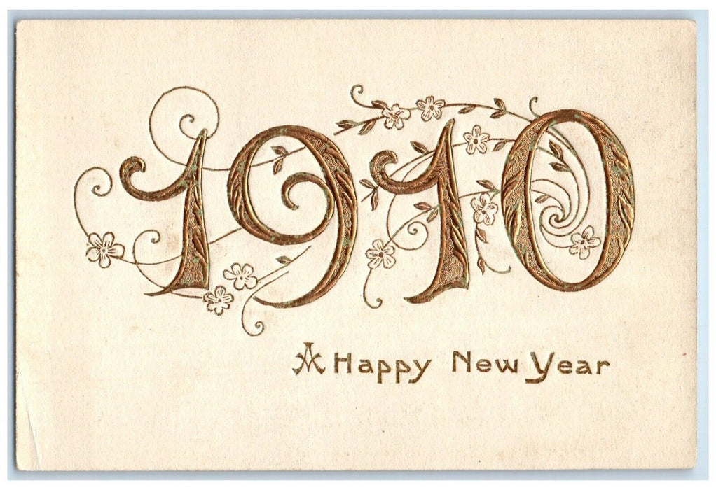 1910 New Year Large Numbers Flowers Embossed Unposted Antique Postcard