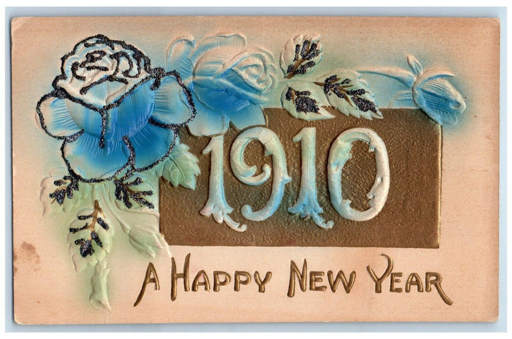 1910 New Year Large Numbers Flowers Airbrushed Embossed Glitter Antique Postcard