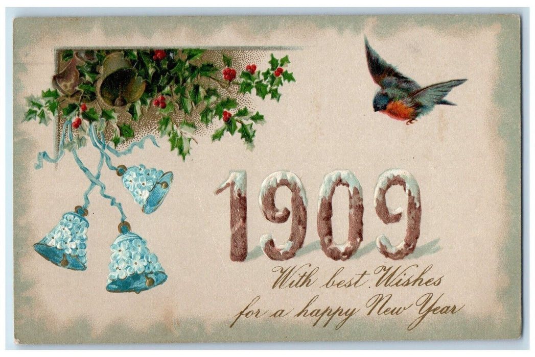 1909 New Year Pansies Bells Holly Bird Embossed Winsch Back Embossed Postcard