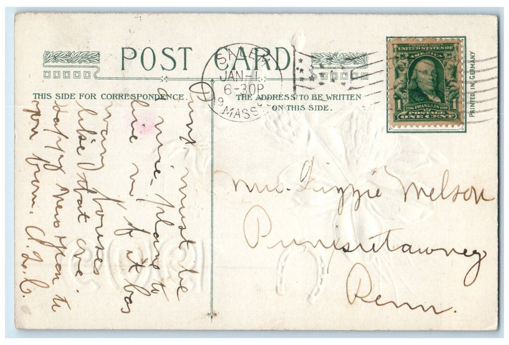 1909 New Year Shamrock Horseshoe Embossed Winsch Back Embossed Antique Postcard