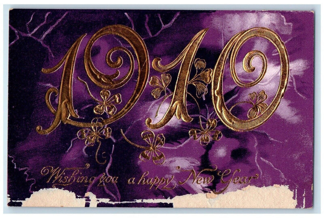 1910 Happy New Year Large Numbers Shamrock Embossed Unposted Antique Postcard