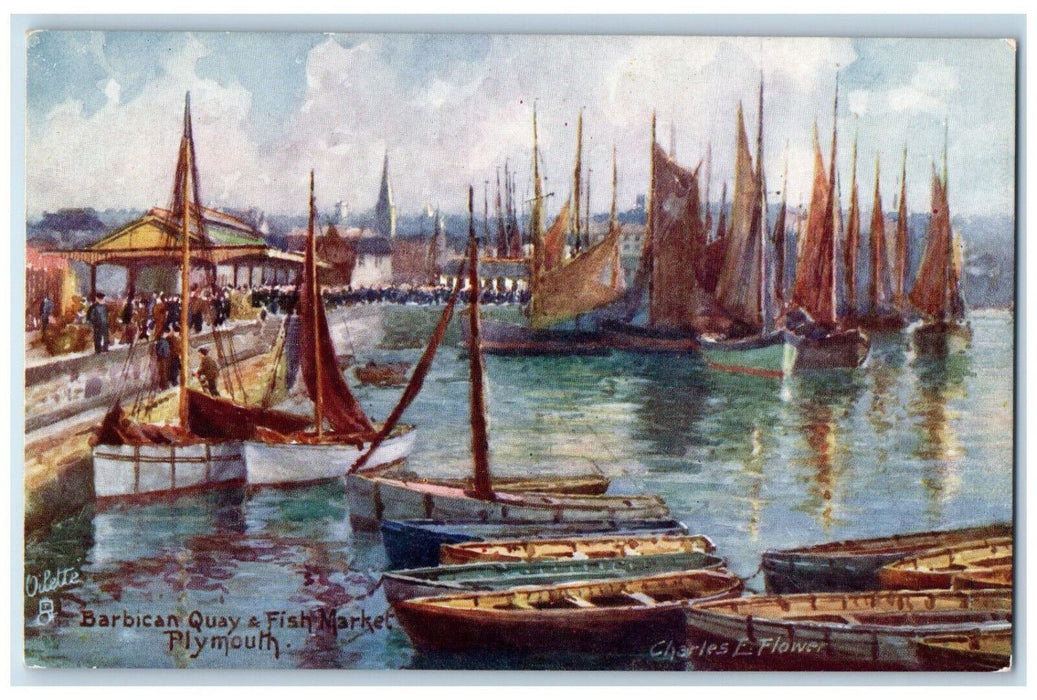 c1910 Barbican Quay & Fish Market Plymouth England Oilette Tuck Art Postcard