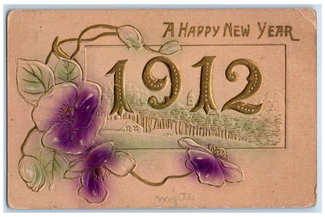 1912 New Year Large Numbers Airbrushed Embossed Unposted Antique Postcard