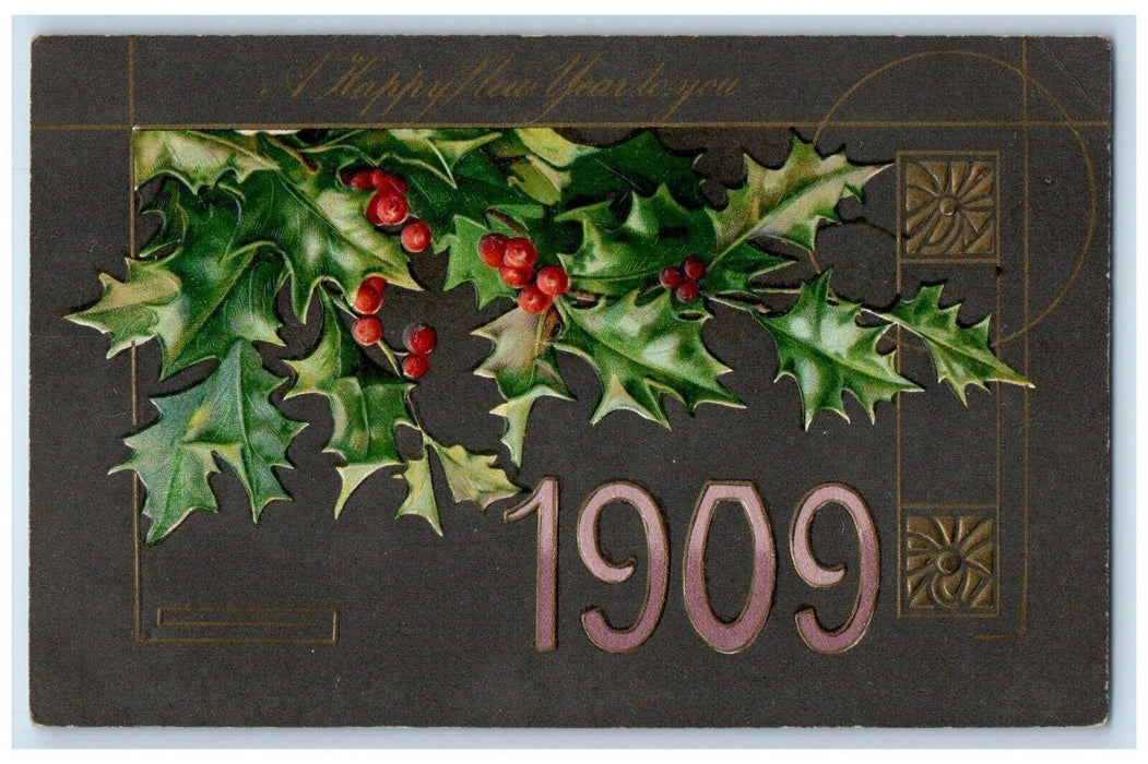 1909 New Year Large Numbers Holly Berries Embossed Winsch Back Antique Postcard