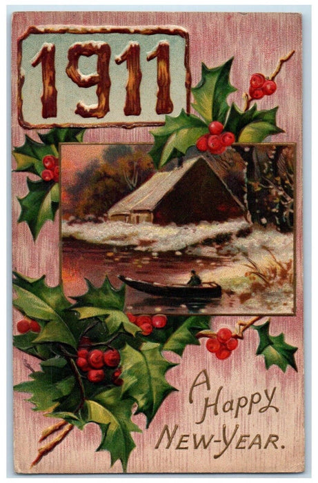 1911 New Year Holly Berries Winter Snow Canoeing Embossed Antique Postcard