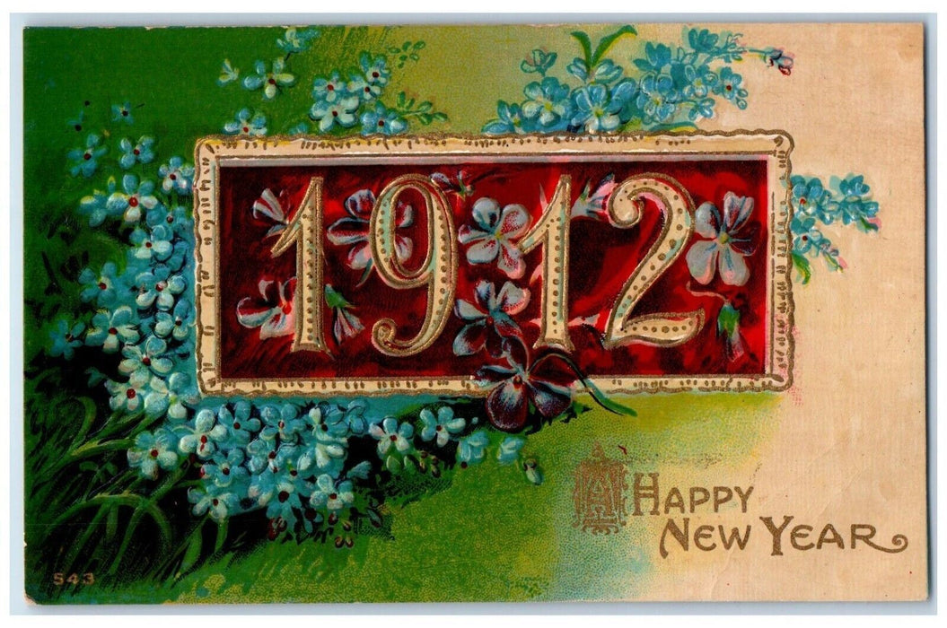 1912 New Year Large Numbers Pansies Flowers Embossed Unposted Antique Postcard