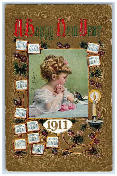 1911 New Year Pretty Girl Bird Monthly Calendar Embossed Antique Postcard