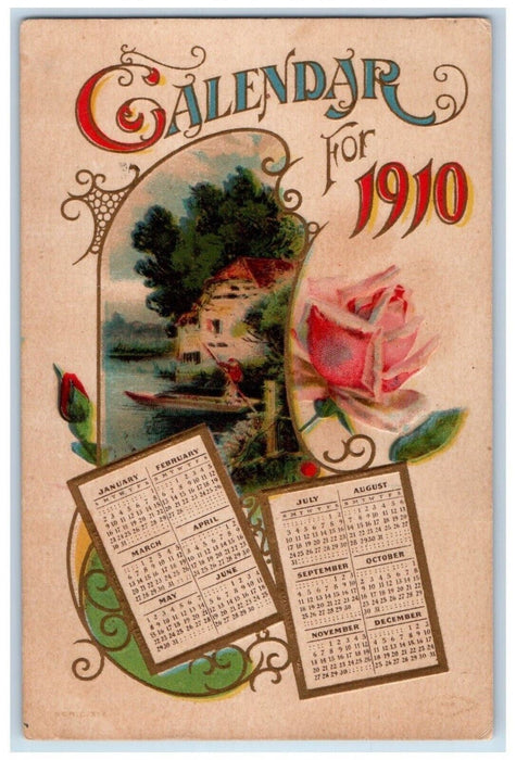 1910 New Year Monthly Calendar Pink Rose Canoe Embossed Milwaukee WI Postcard