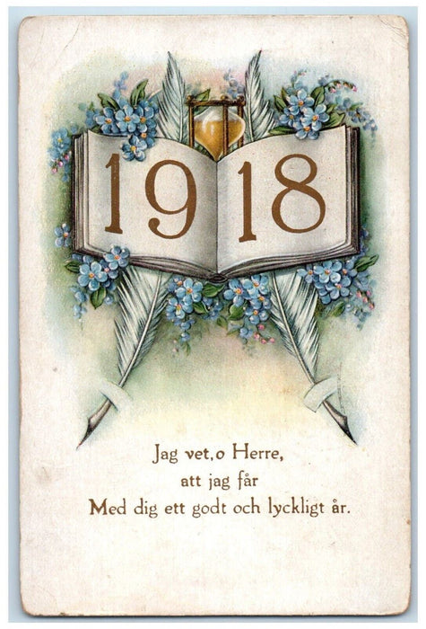 1918 New Year Book Hourglass Pansies Flowers Feather Jolliet IL Antique Postcard