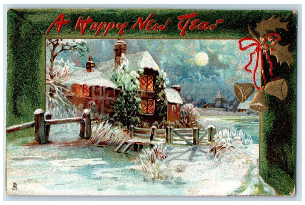 c1910's New Year Holly Bells House Winter Snow Moon Embossed Tuck's Postcard