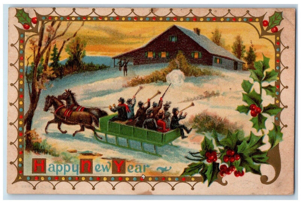 1909 New Year Horses Sleigh Boys Trumpet Embossed Marrieta Ohio OH Postcard