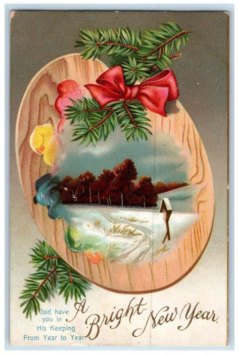 1913 New Year Pine Red Ribbon Winter Snow Clapsaddle (?) Rochester NY Postcard