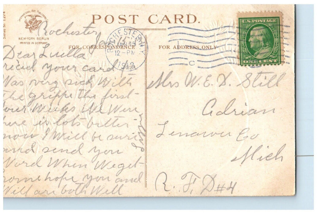 1913 New Year Pine Red Ribbon Winter Snow Clapsaddle (?) Rochester NY Postcard