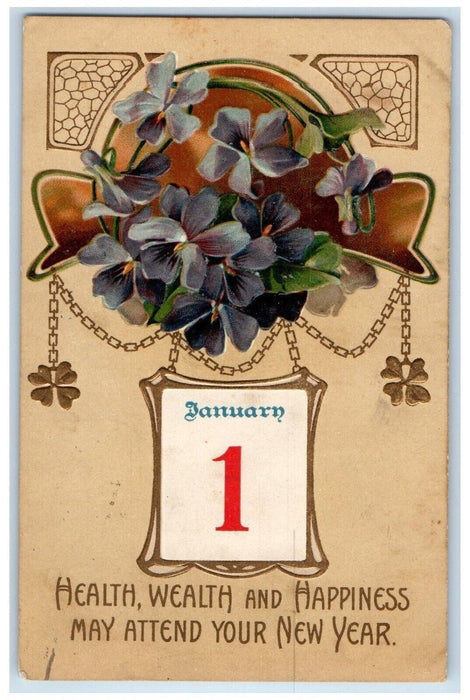 1908 New Year Pansies Flowers January 1 Clapsaddle (?) Warrisburgh PA Postcard