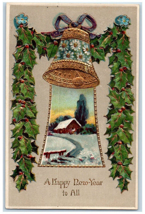 c1910's New Year Pansies Giant Bell Ringing Holly Berries Winter Snow Postcard