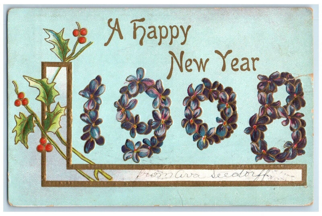 1908 New Year Large Numbers Holly Pansies Flowers Embossed Antique Postcard