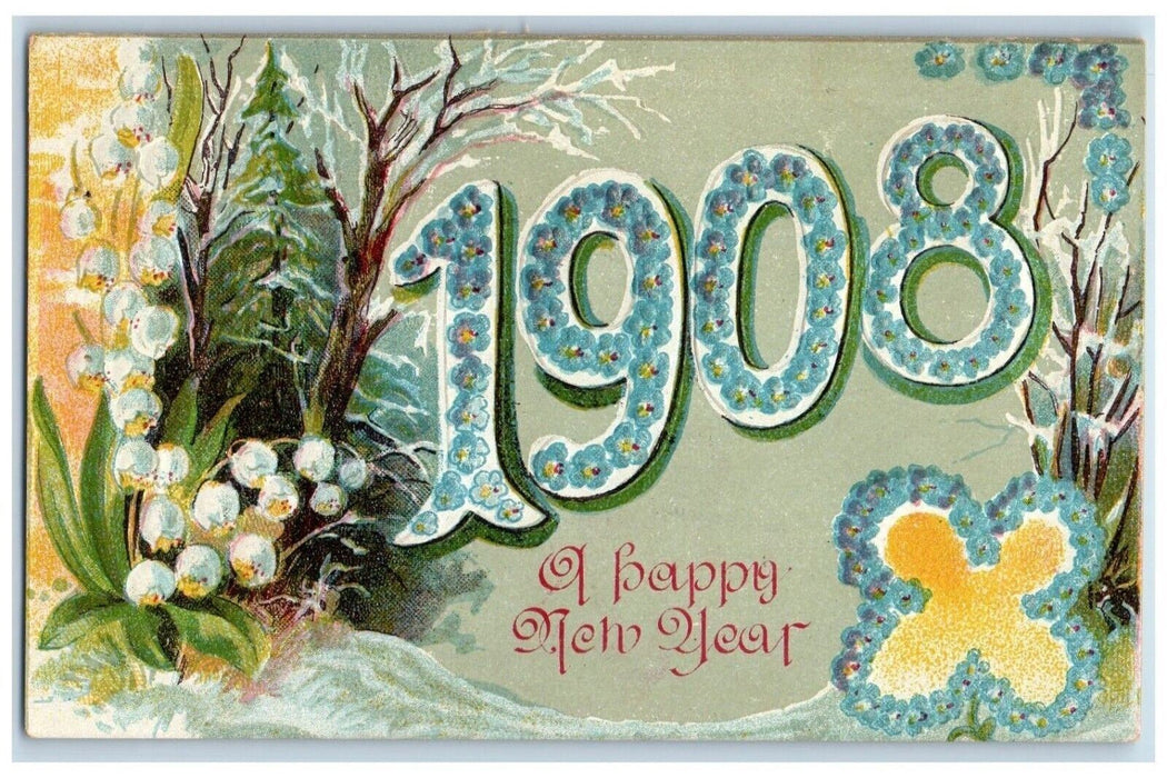 1908 New Year Large Numbers Pansies Flowers Winter Snow Embossed Postcard