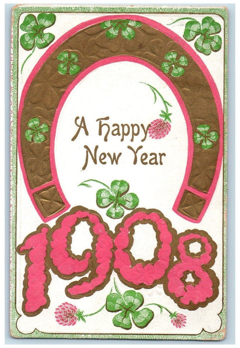 1908 New Year Large Numbers Shamrocks Horseshoe Embossed Antique Postcard