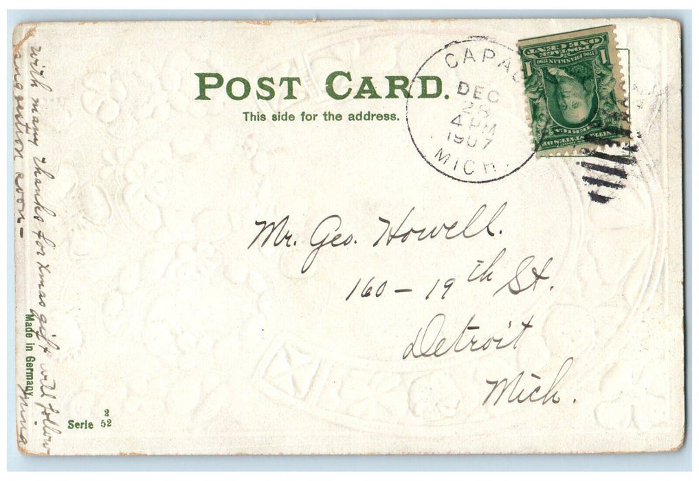 1908 New Year Large Numbers Shamrocks Horseshoe Embossed Antique Postcard