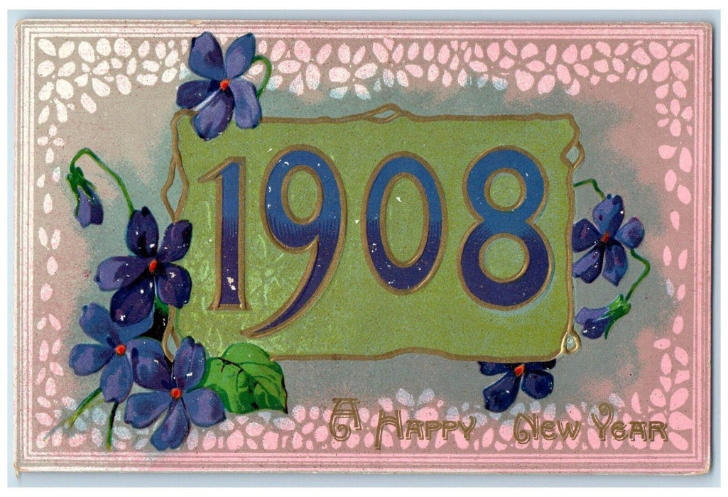 1908 New Year Large Numbers Pansies Flowers Embossed Unposted Antique Postcard