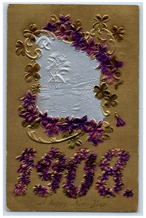 1908 New Year Large Numbers Pansies Flowers Airbrushed Embossed Antique Postcard