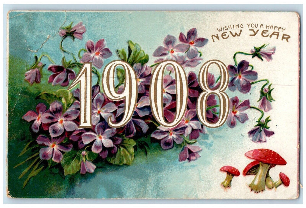 1908 New Year Large Numbers Pansies Flowers Mushroom Embossed Perry MI Postcard