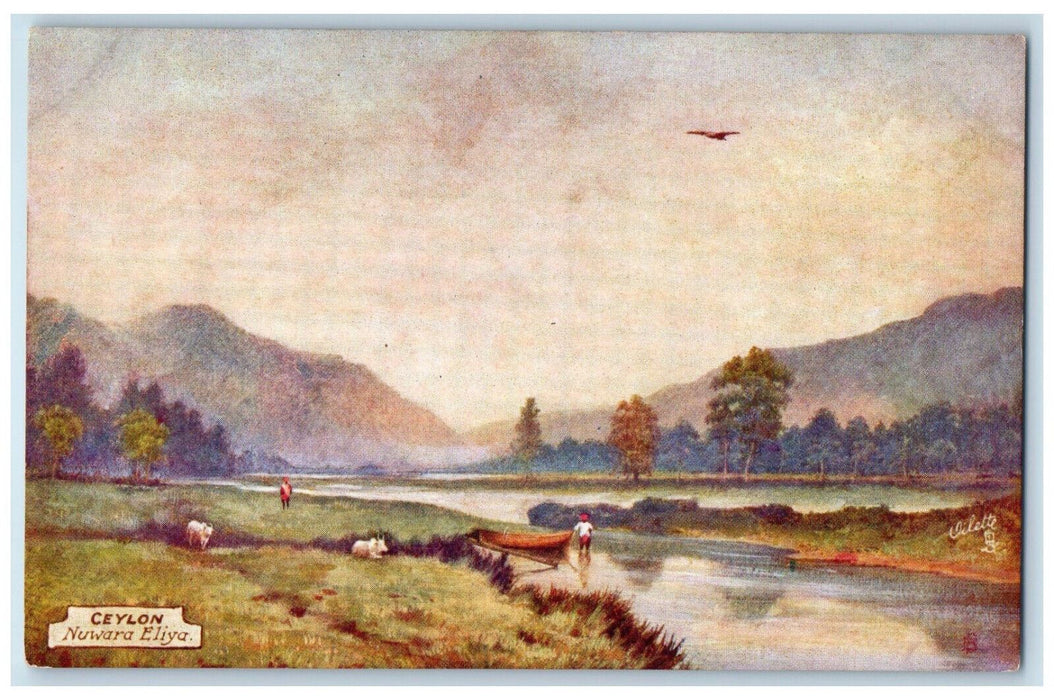 c1910 Boat Animal River Nuwara Eliya Ceylon/Sri Lanka Oilette Tuck Art Postcard