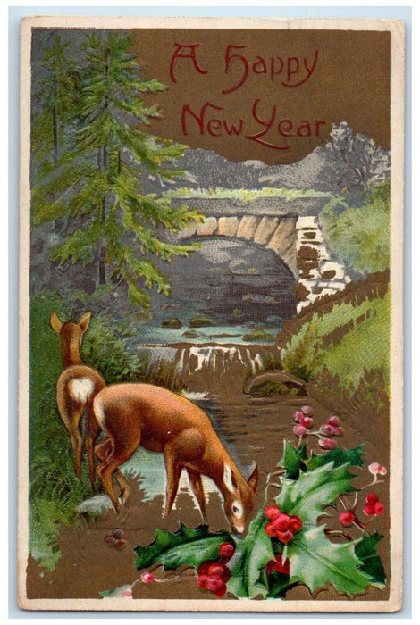 1908 New Year Holly Berries Embossed Winsch Back Chicago IL Embossed Postcard