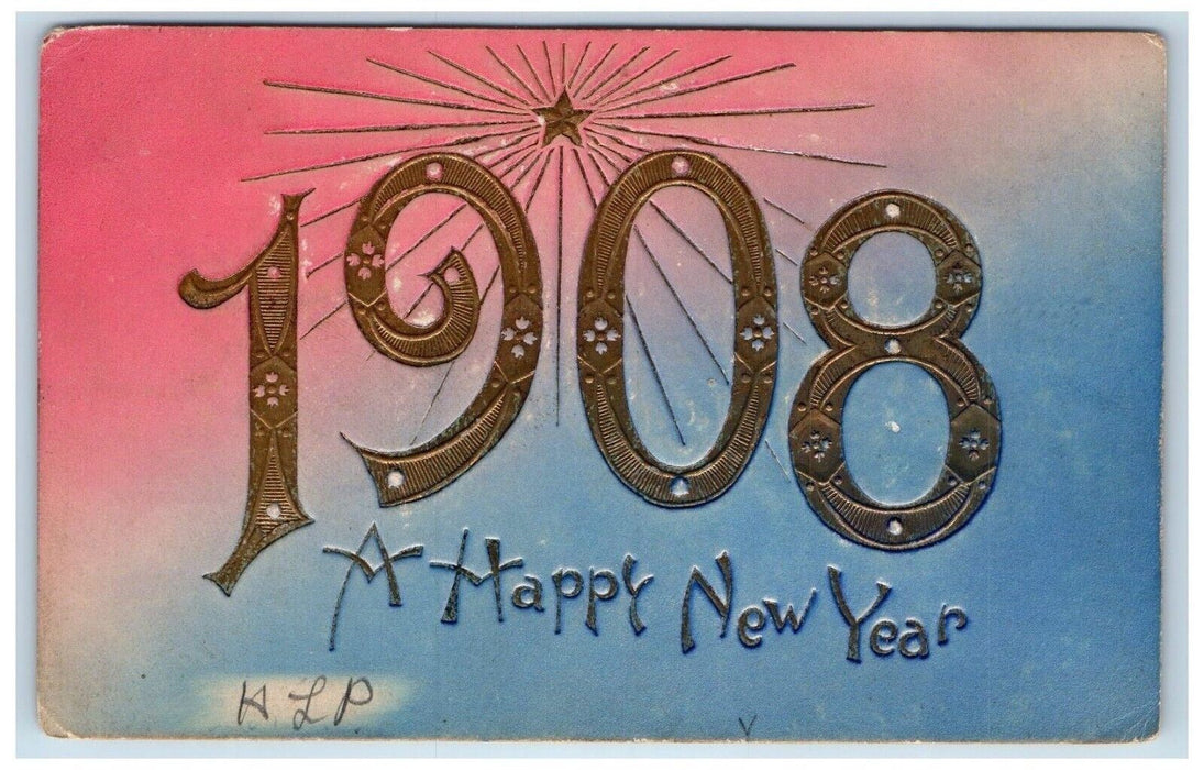 1908 A Happy New Year Large Numbers Star Embossed Antique Postcard