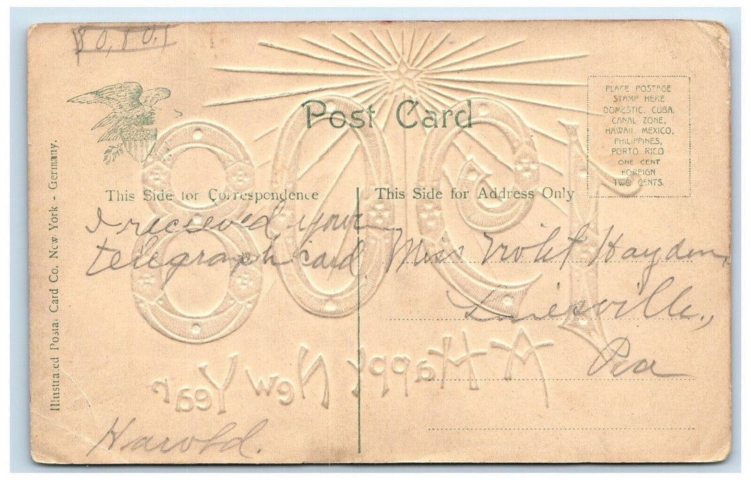 1908 A Happy New Year Large Numbers Star Embossed Antique Postcard