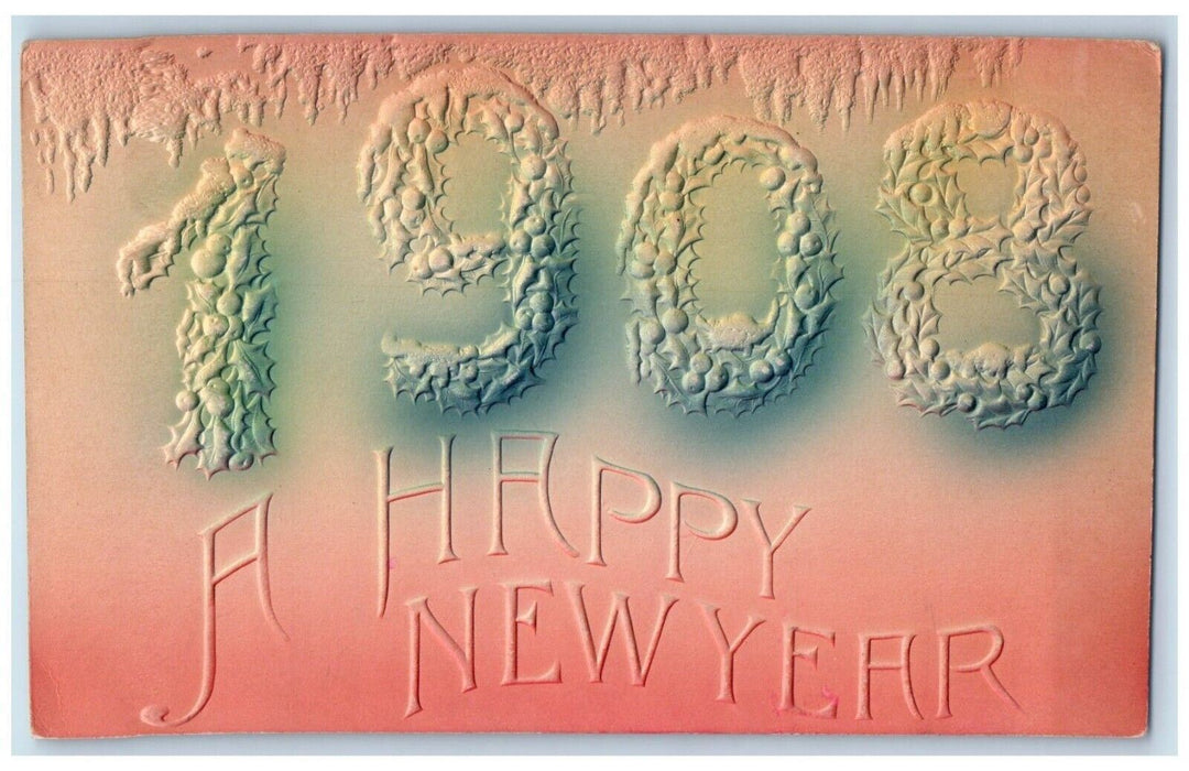 1908 A Happy New Year Large Numbers Holly Airbrushed Embossed Antique Postcard