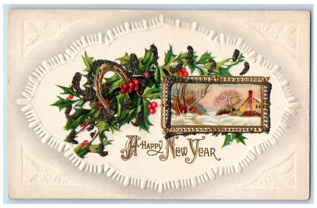 1912 New Year Horseshoe Holly Winter Snow Embossed Glitter Antique Postcard