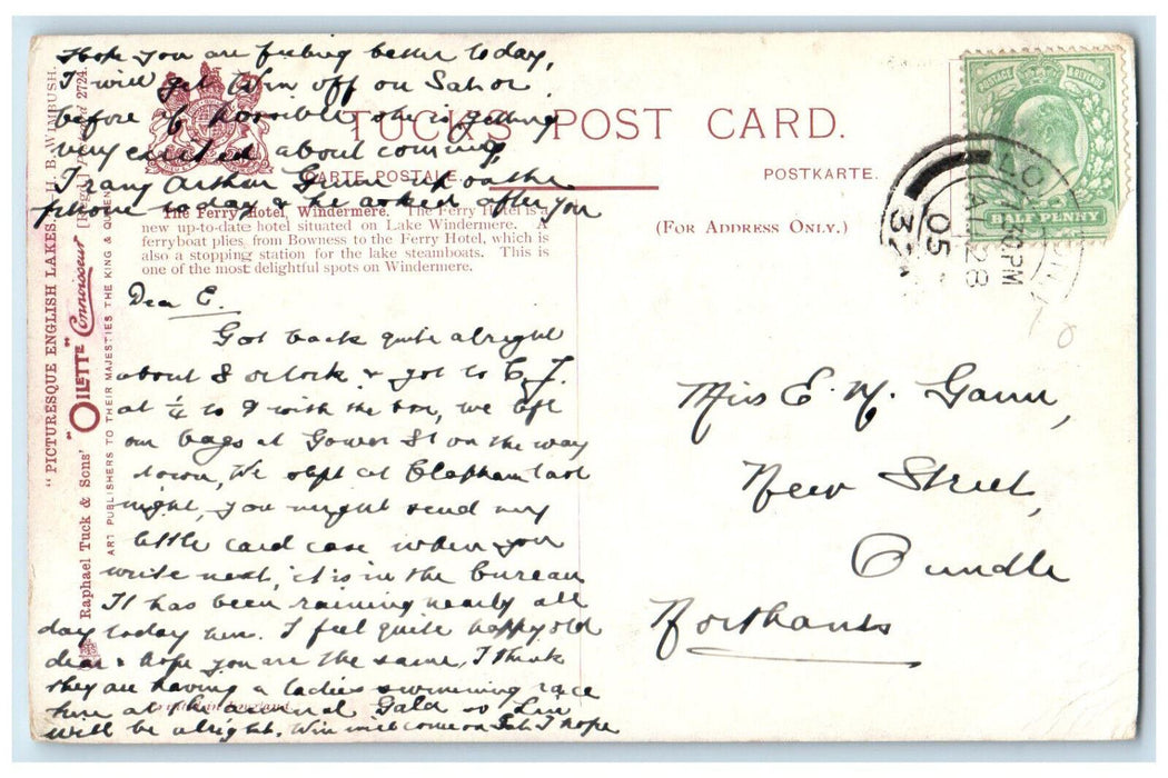1905 Ferry Hotel Windermere Picturesque English Lakes Oilette Tuck Art Postcard