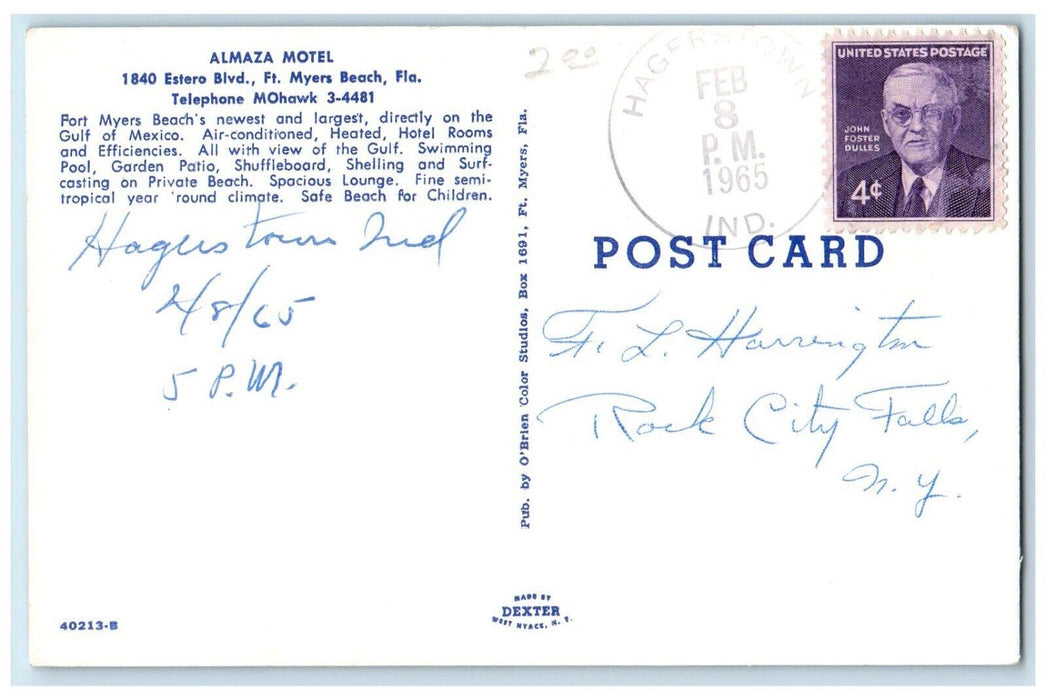 1965 Almaza Hotel Resort Beach Front FT. Myers Beach FL, Hagerstown IN Postcard