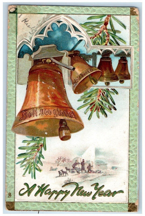 1908 New Year Ringing Bells Pine Cone Dog Hunting Winter Snow Tuck's Postcard