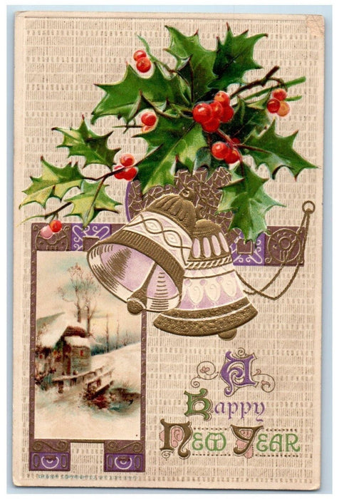 c1910's New Year Holly Bells House Winter Snow Embossed Antique Postcard