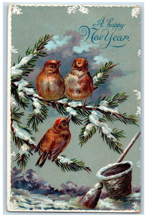 c1910's New Year Song Birds Pine Covered Snow Basket Broom Hingham MT Postcard