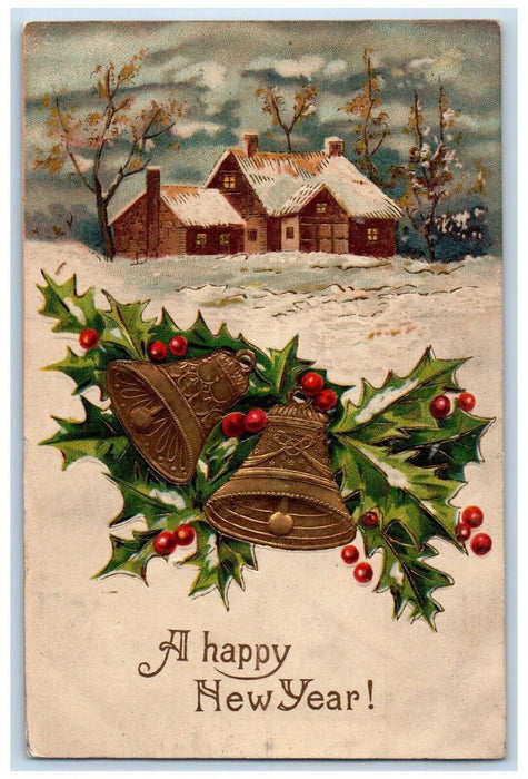 1910 New Year Holly Berries Bells House Winter Snow Embossed Antique Postcard