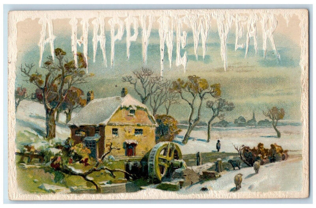 1910 New Year House Mill Water Wheel Winter Snow Embossed Antique Postcard