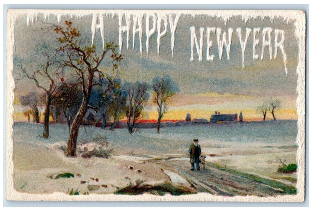 1909 New Year Old Man And Dog Winter Snow Winsch Back Embossed Postcard