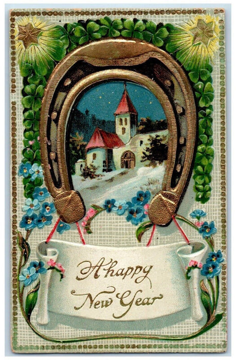 1909 New Year Horseshoe Shamrock Pansies Flowers Embossed Antique Postcard