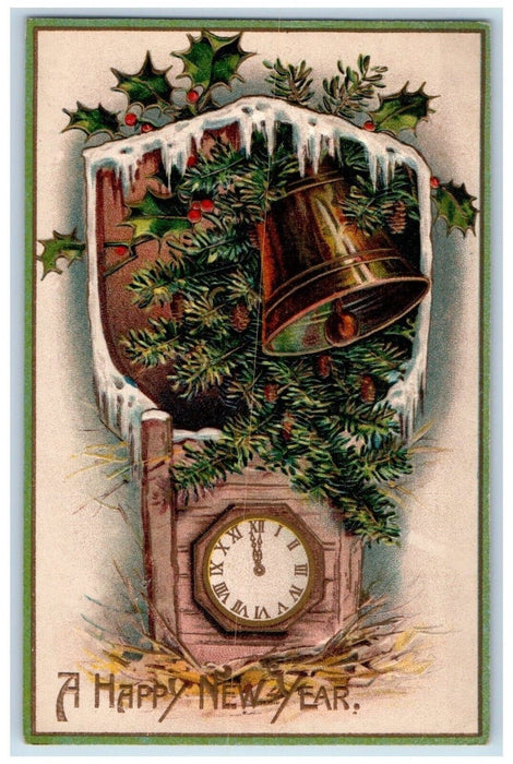 c1910's New Year Clock Pine Cone Bell Holly Beries Embossed Antique Postcard