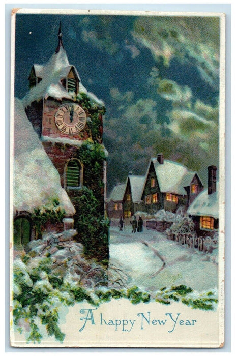 c1910's New Year Tower Clock Winter Snow Embossed Unposted Antique Postcard